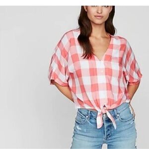 Express Gingham Short Sleeve Tie Front Shirt Large